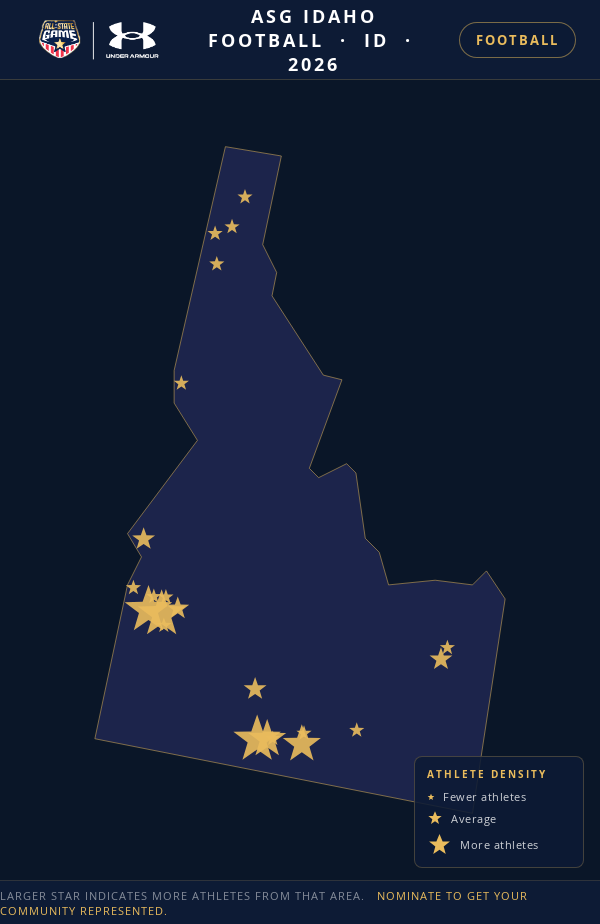Nomination map for ASG Idaho Football showing athlete locations across ID