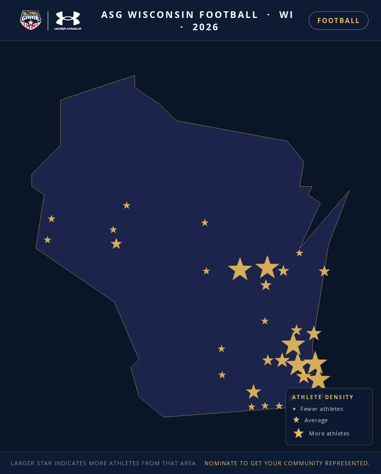 Nomination map for ASG Wisconsin Football showing athlete locations across WI
