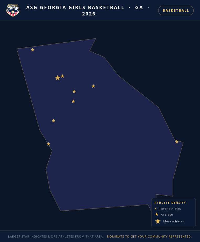 Nomination map for ASG Georgia Girls Basketball showing athlete locations across GA
