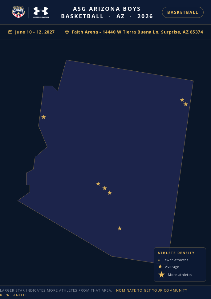 Nomination map for ASG Arizona Boys Basketball showing athlete locations across AZ