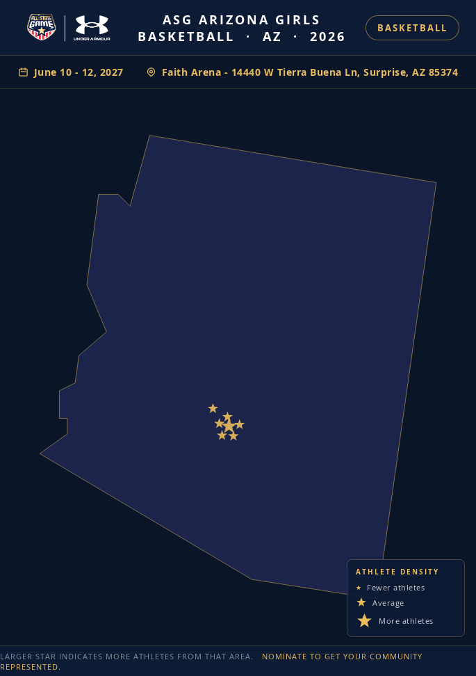 Nomination map for ASG Arizona Girls Basketball showing athlete locations across AZ