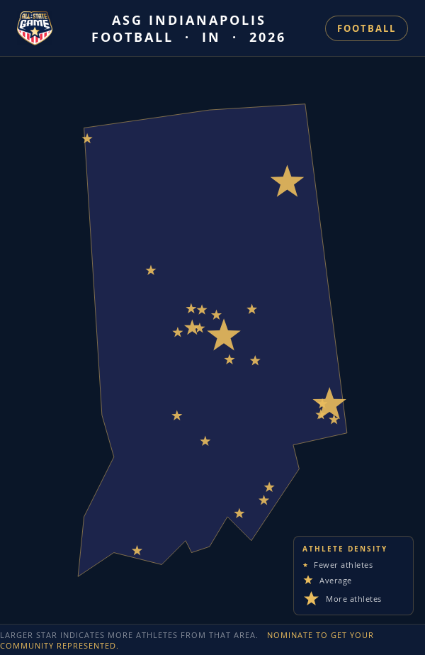 Nomination map for ASG Indianapolis Football showing athlete locations across IN