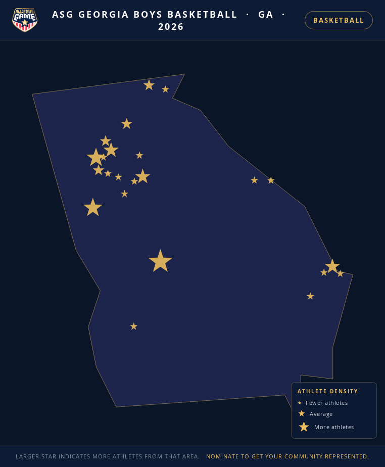 Nomination map for ASG Georgia Boys Basketball showing athlete locations across GA