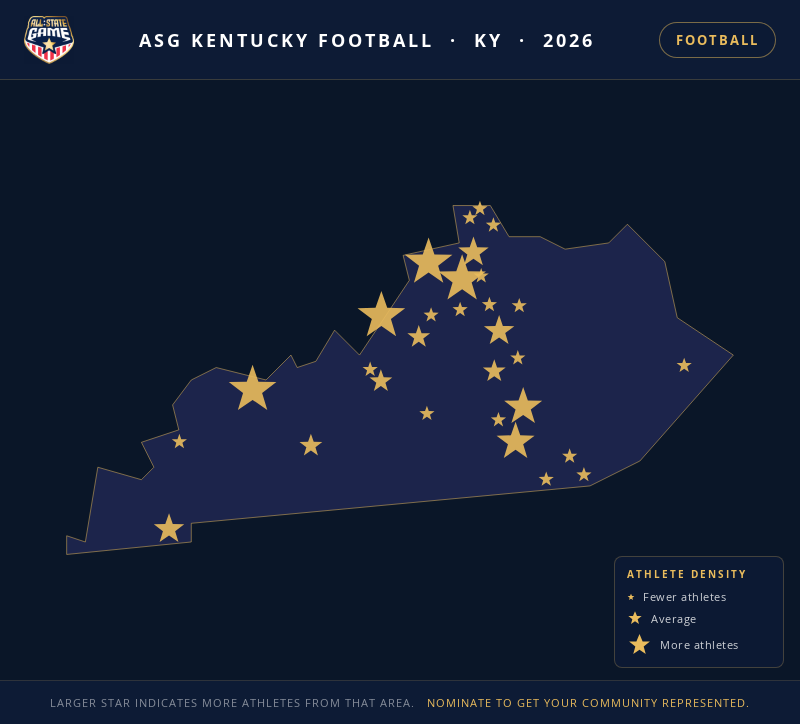 Nomination map for ASG Kentucky Football showing athlete locations across KY