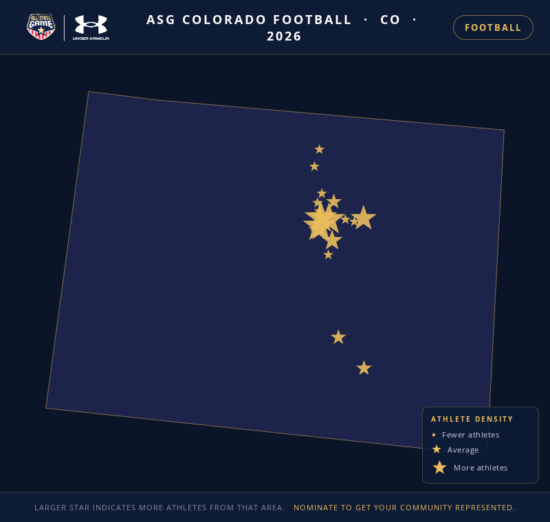 Nomination map for ASG Colorado Football showing athlete locations across CO