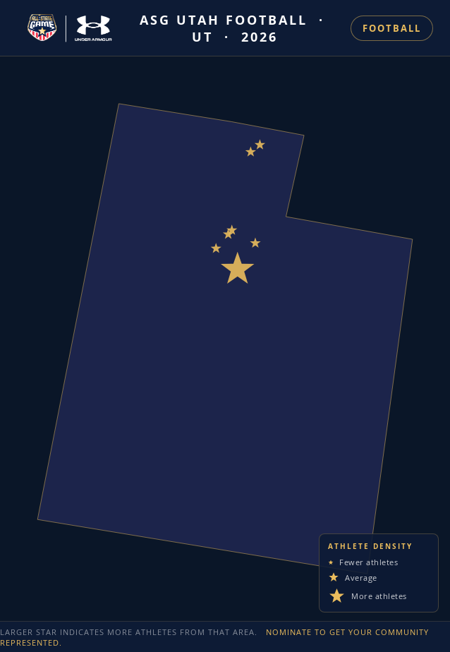 Nomination map for ASG Utah Football showing athlete locations across UT