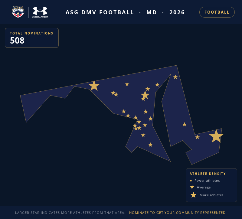 Nomination map for ASG DMV Football showing athlete locations across MD