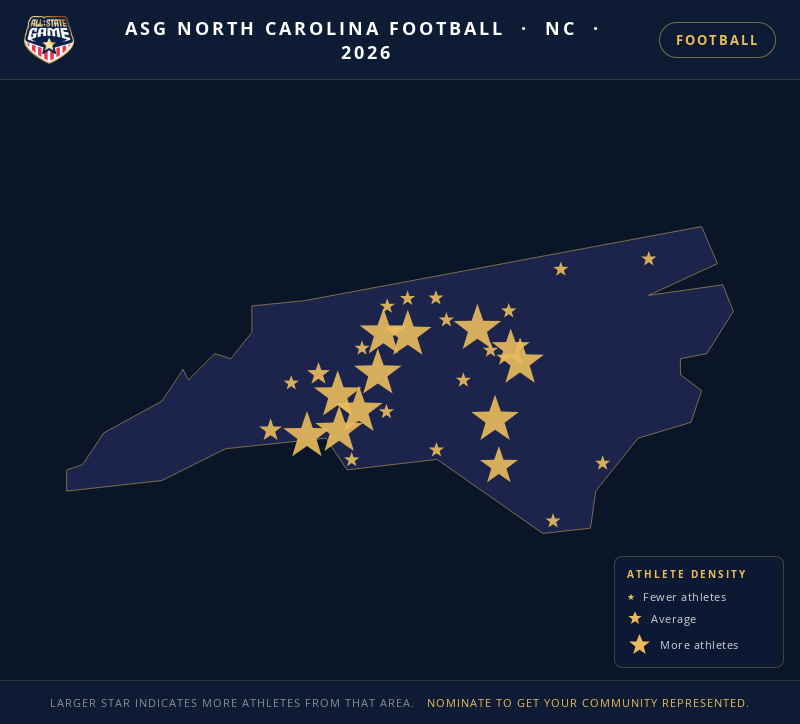 Nomination map for ASG North Carolina Football showing athlete locations across NC