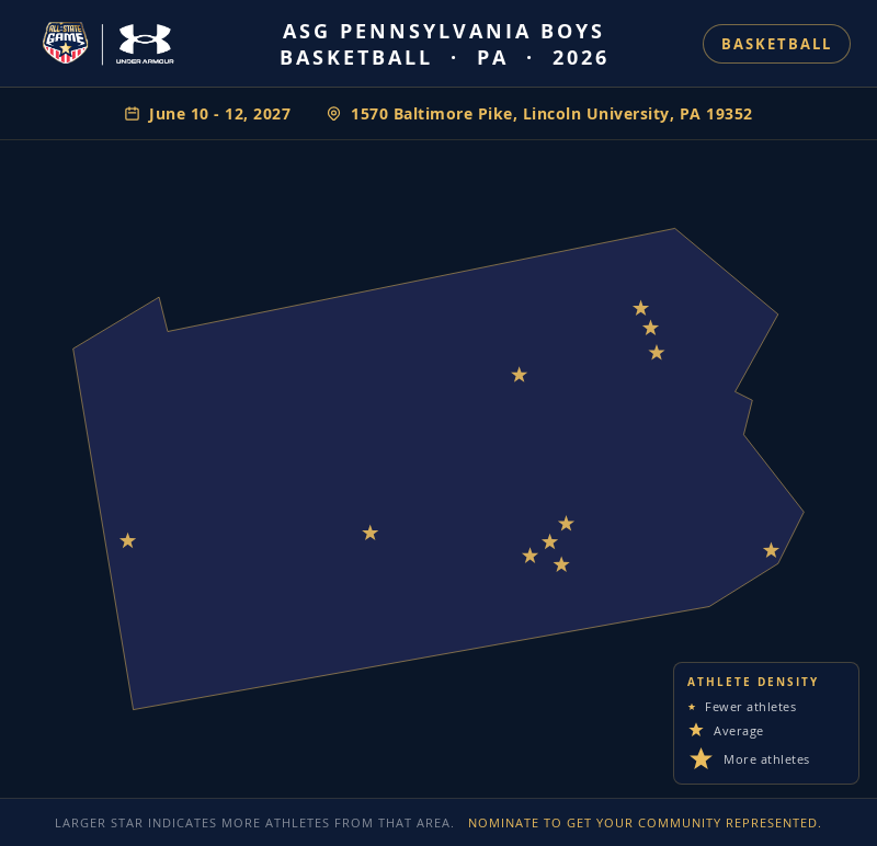 Nomination map for ASG Pennsylvania Boys Basketball showing athlete locations across PA