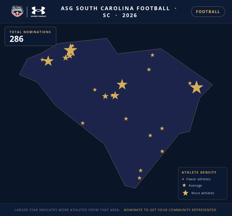 Nomination map for ASG South Carolina Football showing athlete locations across SC