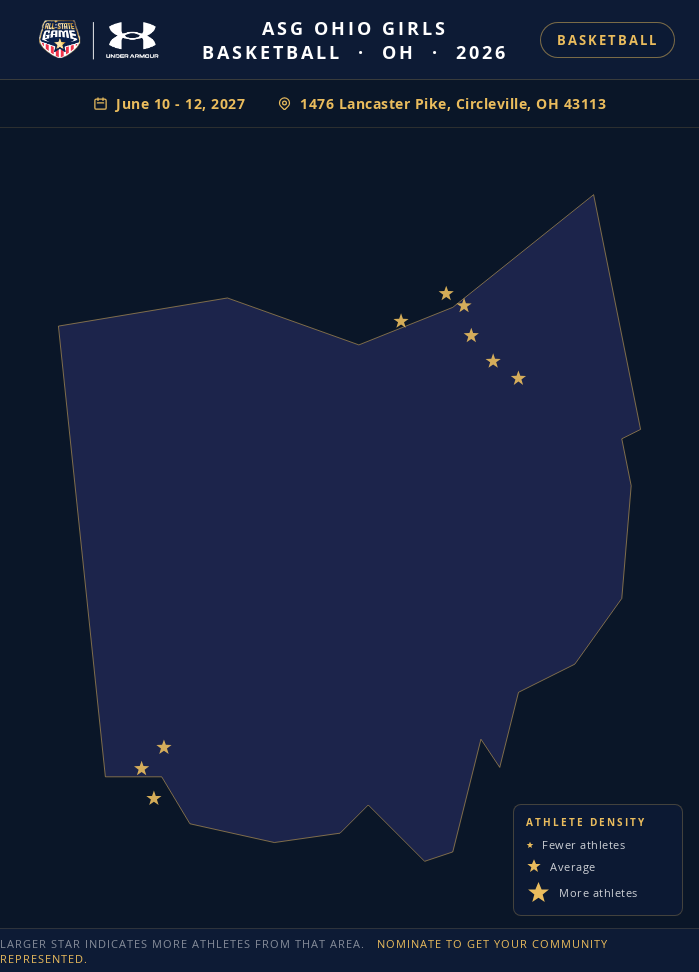 Nomination map for ASG Ohio Girls Basketball showing athlete locations across OH