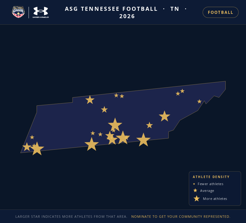 Nomination map for ASG Tennessee Football showing athlete locations across TN