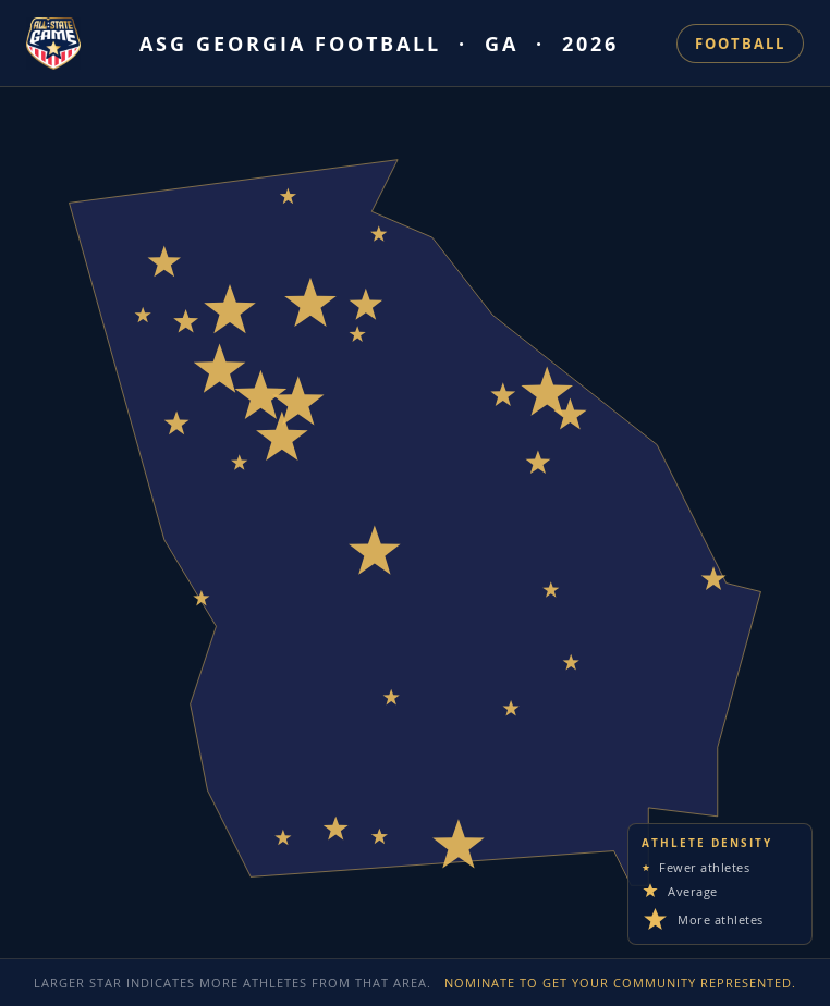 Nomination map for ASG Georgia Football showing athlete locations across GA