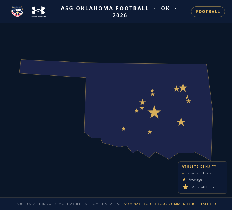 Nomination map for ASG Oklahoma Football showing athlete locations across OK