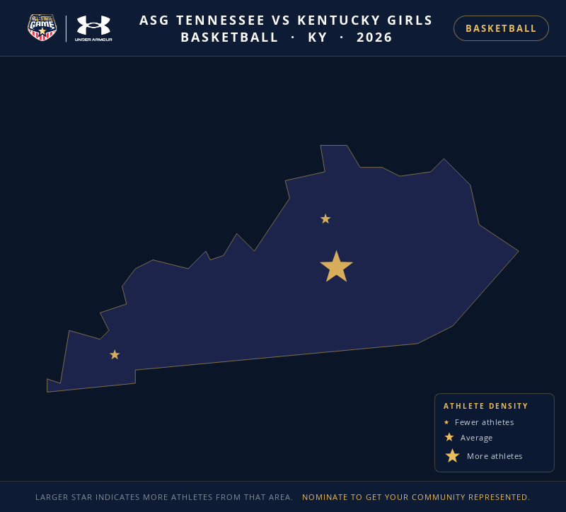 Nomination map for ASG Tennessee vs Kentucky Girls Basketball showing athlete locations across KY