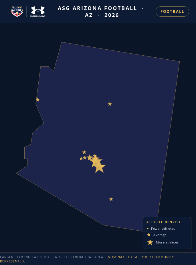 Nomination map for ASG Arizona Football showing athlete locations across AZ