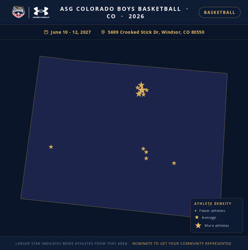 Nomination map for ASG Colorado Boys Basketball showing athlete locations across CO