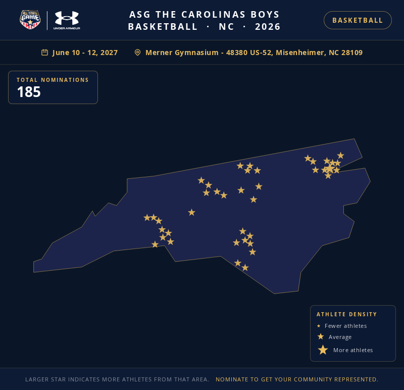 Nomination map for ASG The Carolinas Boys Basketball showing athlete locations across NC