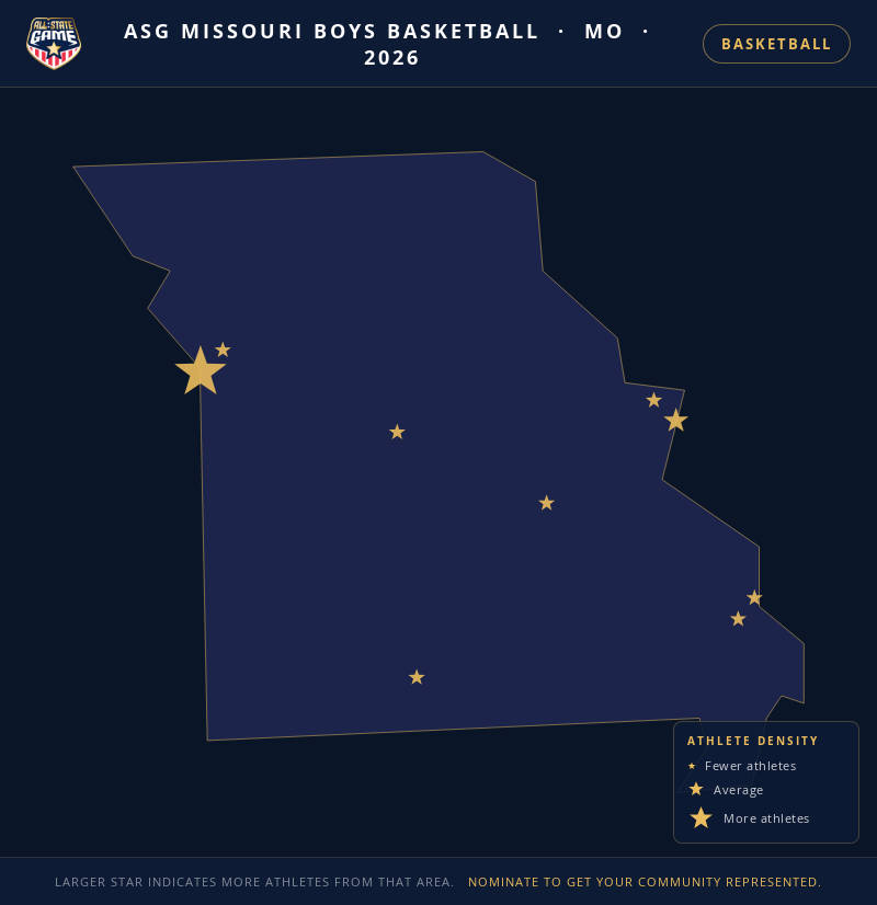 Nomination map for ASG Missouri Boys Basketball showing athlete locations across MO