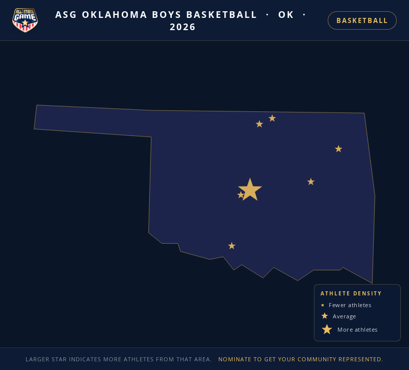 Nomination map for ASG Oklahoma Boys Basketball showing athlete locations across OK