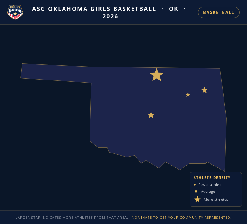 Nomination map for ASG Oklahoma Girls Basketball showing athlete locations across OK