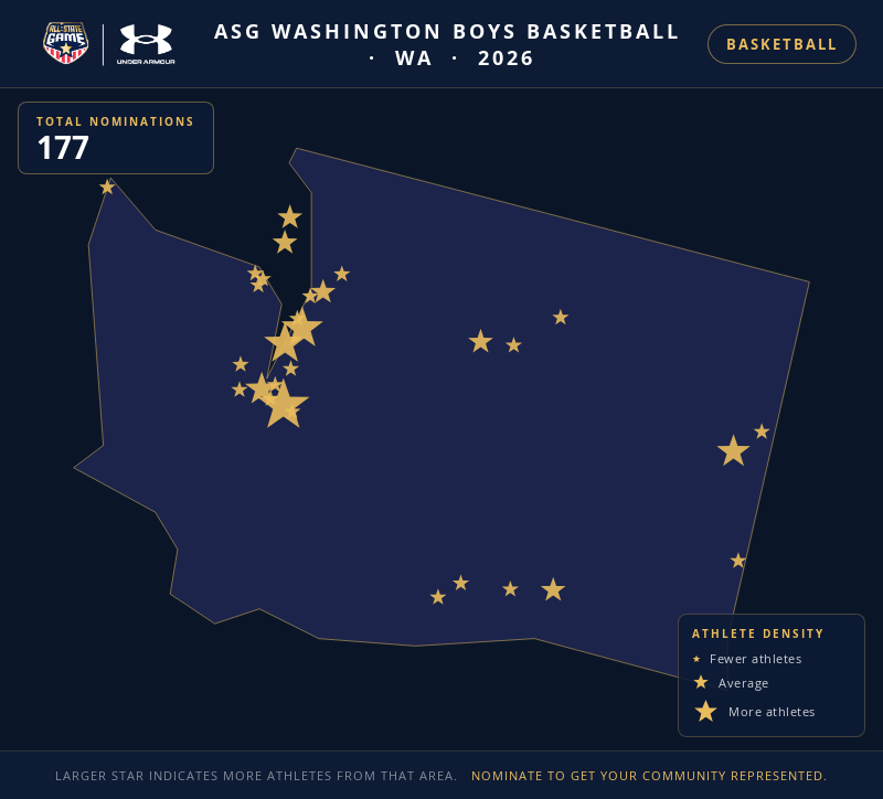 Nomination map for ASG Washington Boys Basketball showing athlete locations across WA