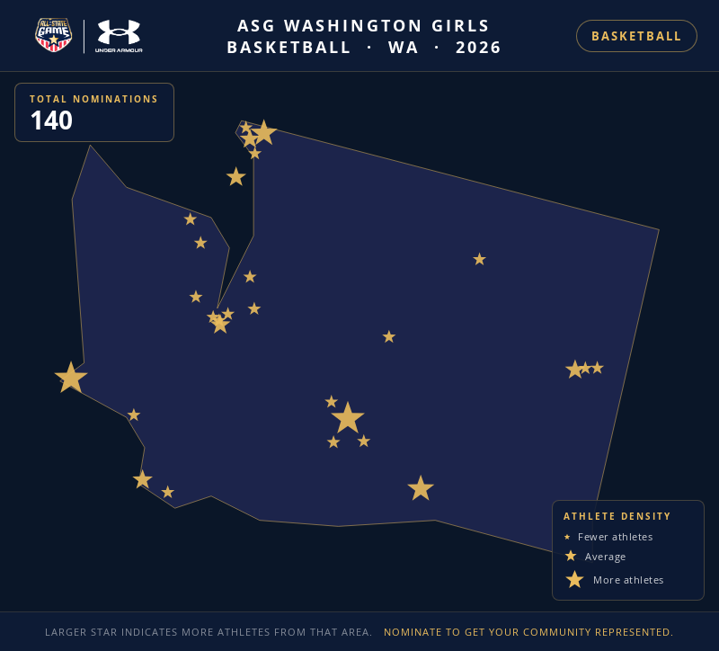 Nomination map for ASG Washington Girls Basketball showing athlete locations across WA