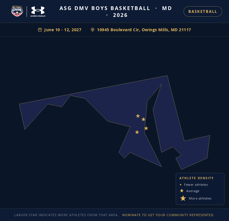 Nomination map for ASG DMV Boys Basketball showing athlete locations across MD