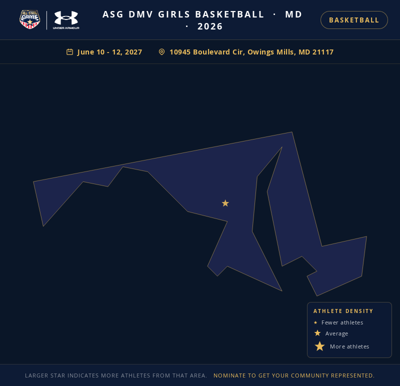 Nomination map for ASG DMV Girls Basketball showing athlete locations across MD