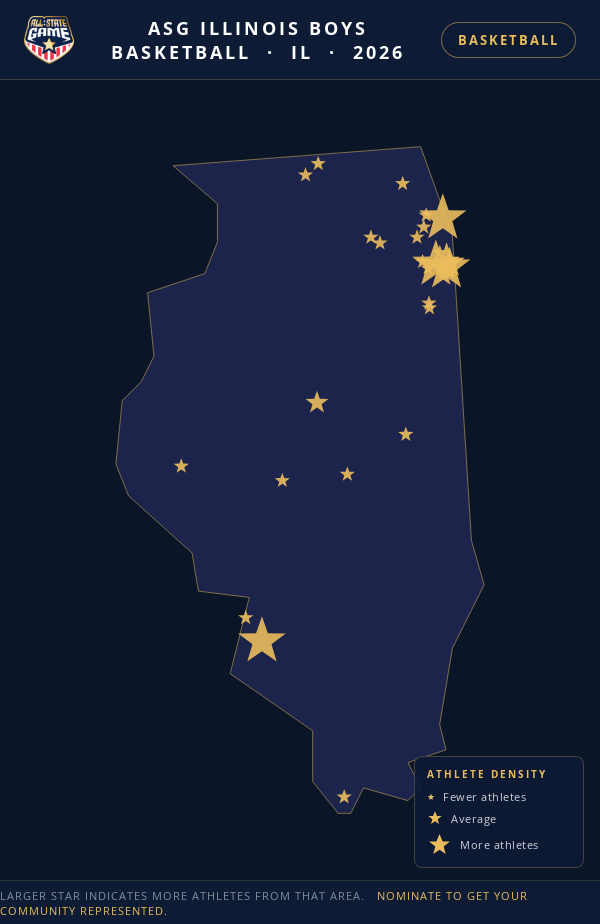 Nomination map for ASG Illinois Boys Basketball showing athlete locations across IL