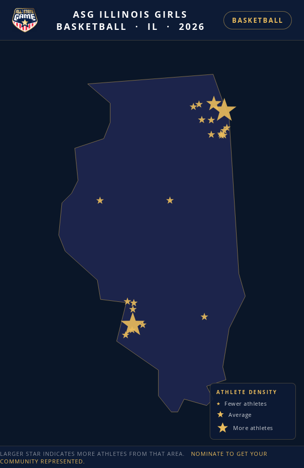 Nomination map for ASG Illinois Girls Basketball showing athlete locations across IL