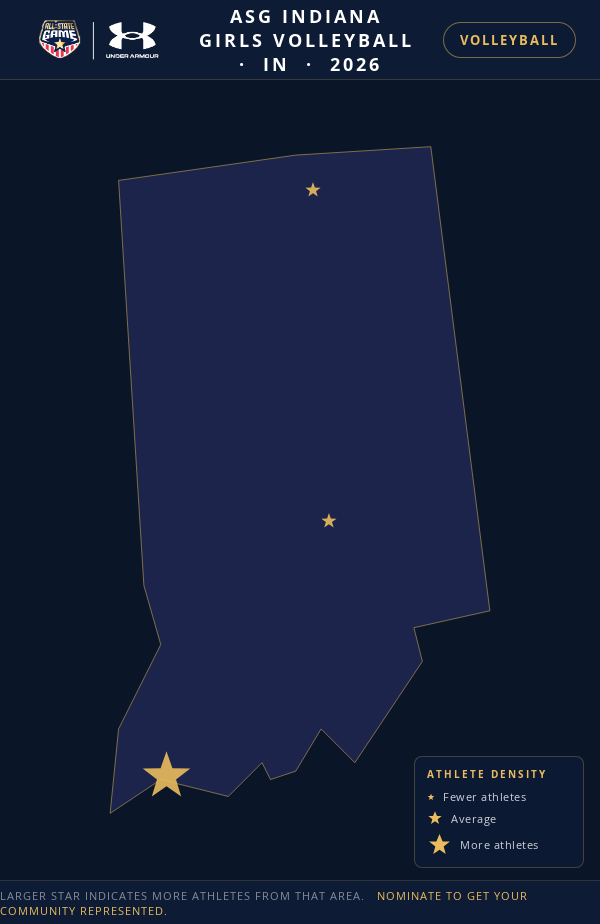 Nomination map for ASG Indiana Girls Volleyball showing athlete locations across IN