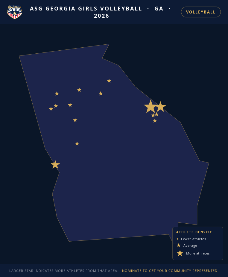Nomination map for ASG Georgia Girls Volleyball showing athlete locations across GA