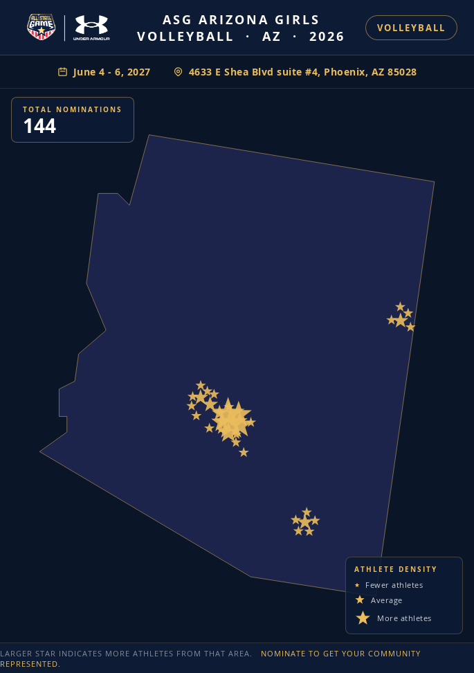 Nomination map for ASG Arizona Girls Volleyball showing athlete locations across AZ