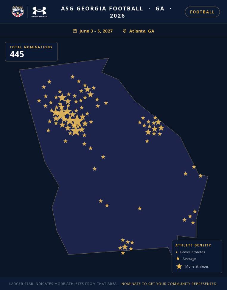 Nomination map for ASG Georgia Football showing athlete locations across GA