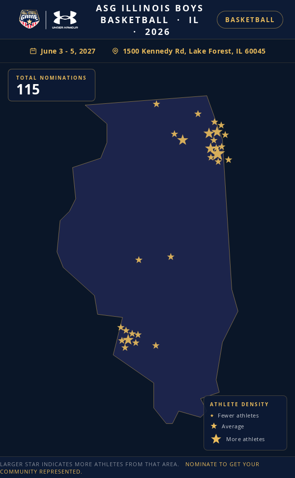 Nomination map for ASG Illinois Boys Basketball showing athlete locations across IL