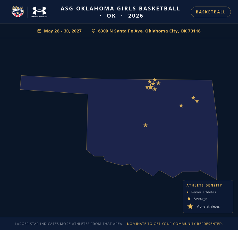 Nomination map for ASG Oklahoma Girls Basketball showing athlete locations across OK
